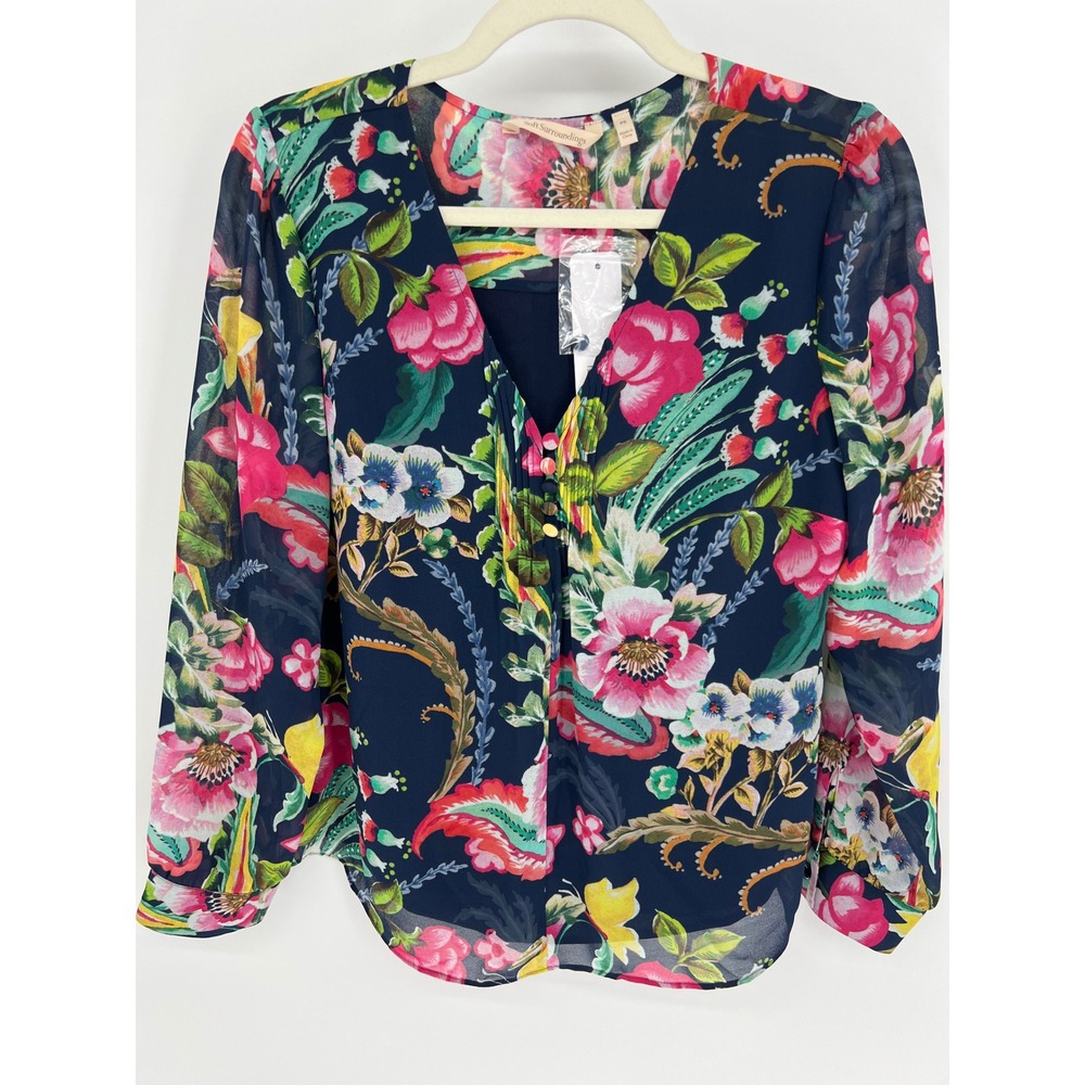 SOFT SURROUNDINGS Samantha Georgette Top Women PS Navy Paisley Floral V-Neck NWT